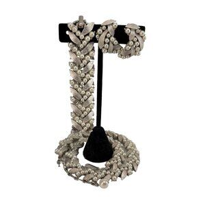 Vintage Crown Trifari Necklace Bracelet Clipon Earrings Set Pearl Brushed Silver